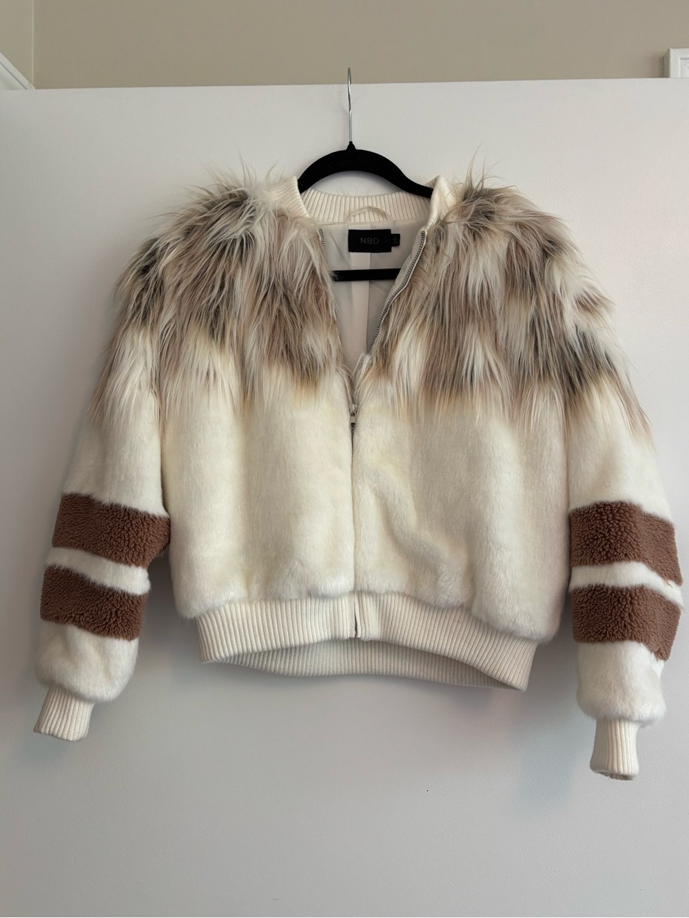 NBD from Revolve Cream Faux-Fur Bomber Jacket
